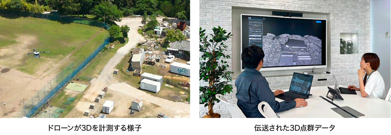 ドローンが3Dを計測する様子/伝送された3D点群データ